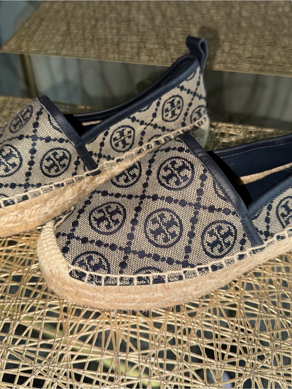 Tory Burch Navy and Cream Logo Canvas Espadrilles